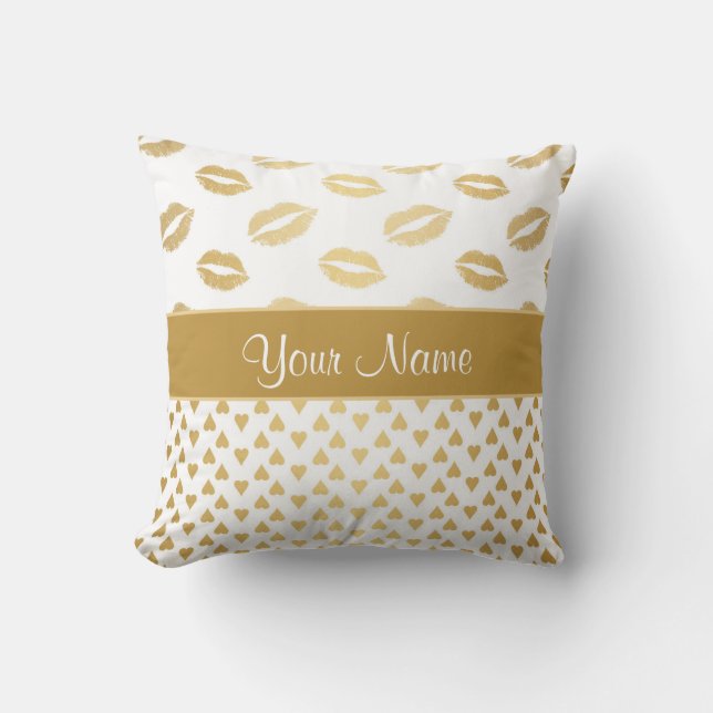 White and Gold Kisses and Love Hearts Throw Pillow (Front)