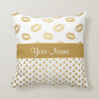 White and Gold Kisses and Love Hearts Throw Pillow