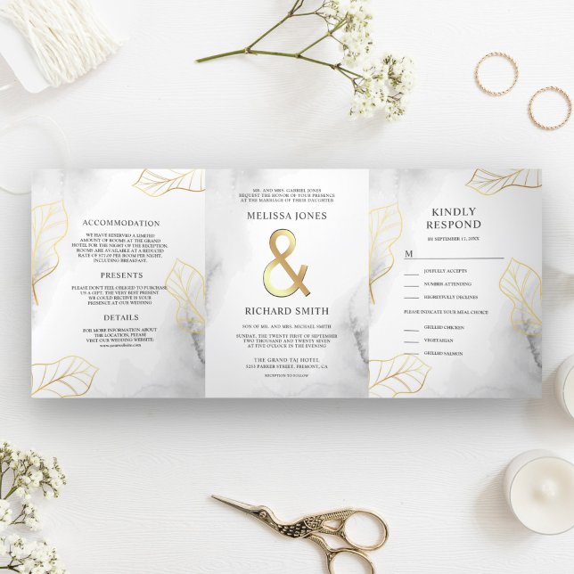 White and Gold Leaves Ampersand All in One Wedding Tri-Fold Invitation (Creator Uploaded)