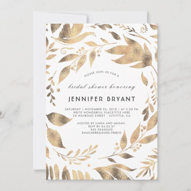 White and Gold Leaves Laurel Fall Bridal Shower Invitation (Front)