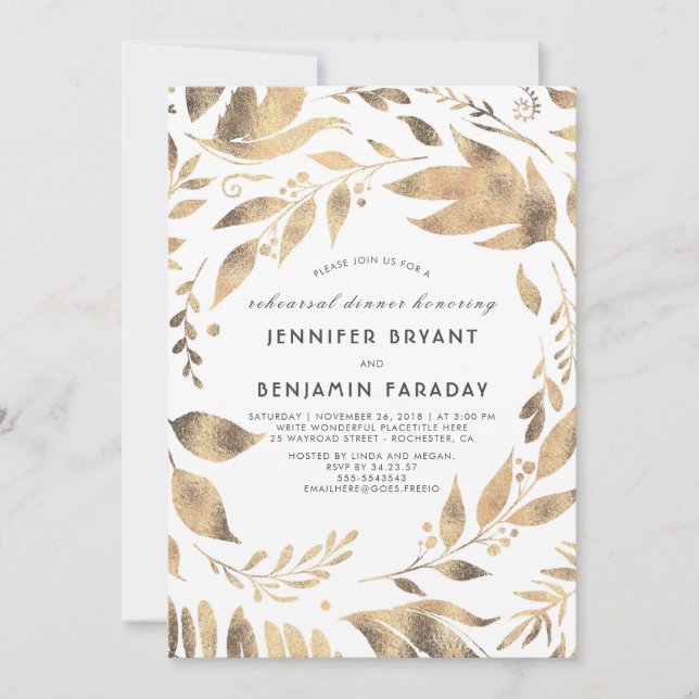 White and Gold Leaves Laurel Fall Rehearsal Dinner Invitation (Front)