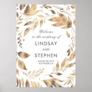 White and Gold Leaves Laurel Wedding Welcome Poster