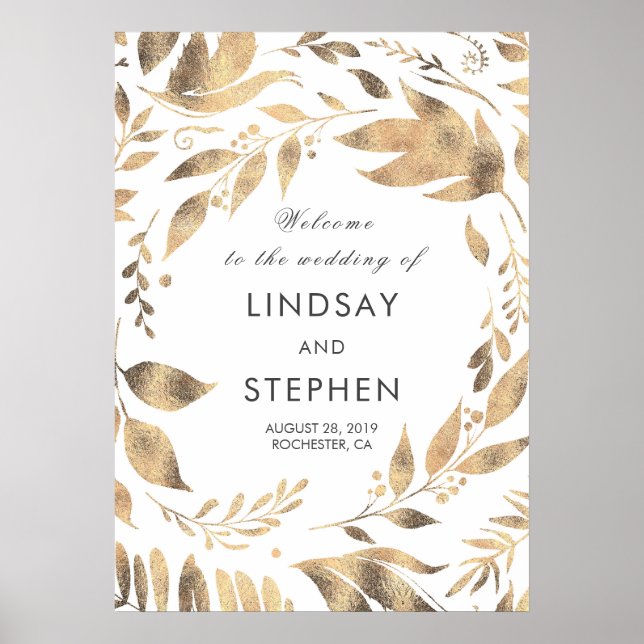 White and Gold Leaves Laurel Wedding Welcome Poster (Front)