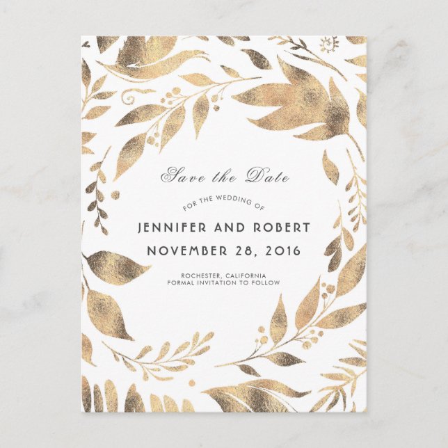 White and Gold Leaves Wreath Save the Date Announcement Postcard (Front)