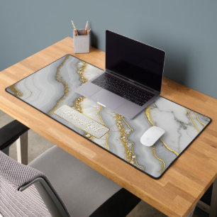 White and Gold Liquid Moonstone Personalized Desk Mat