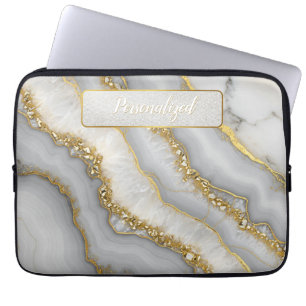 White and Gold Liquid Moonstone Personalized Laptop Sleeve
