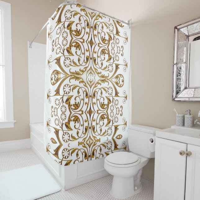 White and Gold Luxury Shower Curtain (In Situ)