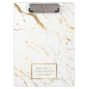 White and Gold Marble Designer Personalized Clipboard