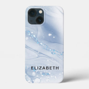 White and gold marble glitter personalized iPhone 13 mini case