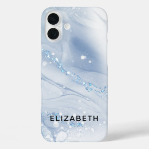 White and gold marble glitter personalized iPhone 16 plus case