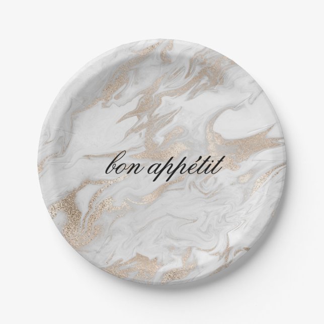 White and Gold Marble Look Paper Plate (Front)