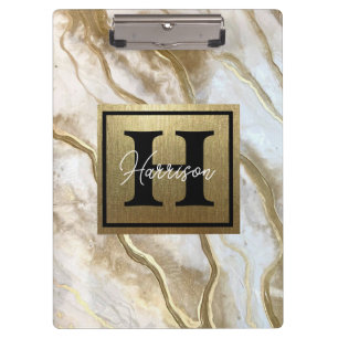 White and Gold Marble Monogram Name Personalized Clipboard