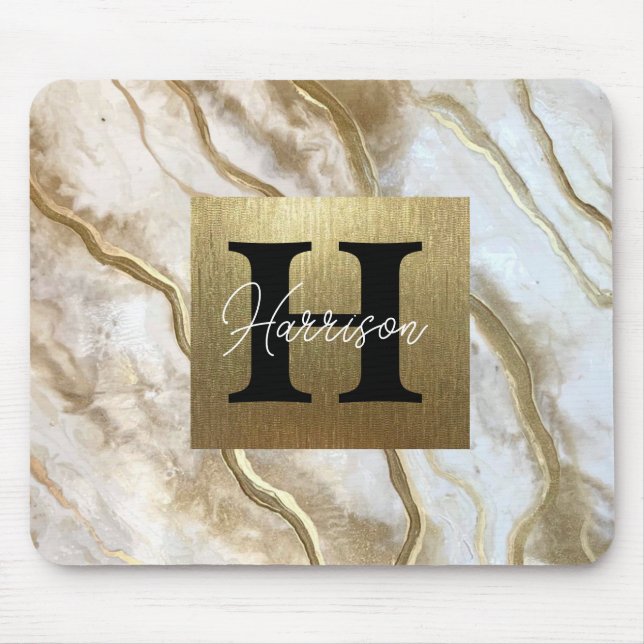 White and Gold Marble Monogram Name Personalized   Mouse Pad (Front)