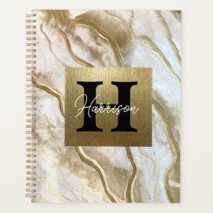 White and Gold Marble Monogram Name Personalized  Planner