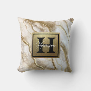 White and Gold Marble Monogram Name Personalized Throw Pillow