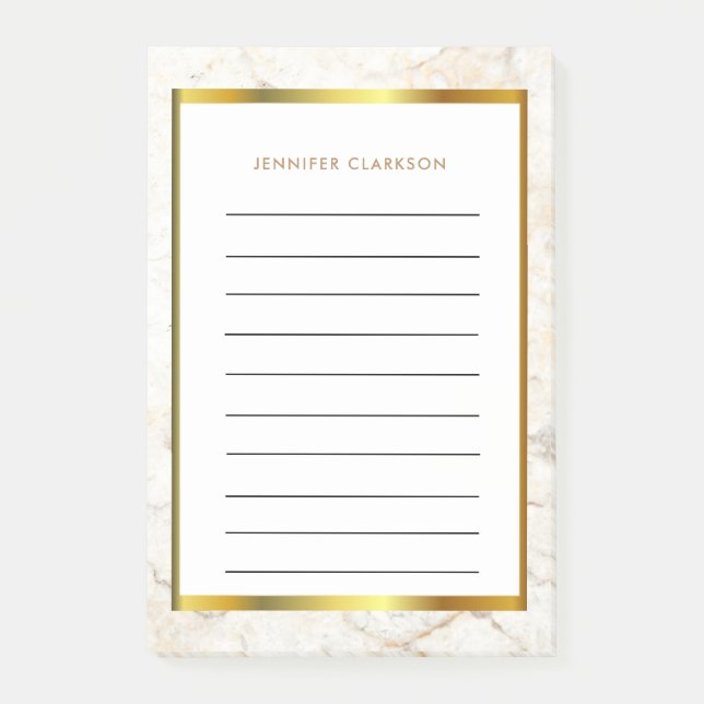 White and gold marble patterned monogram name post-it notes (Front)