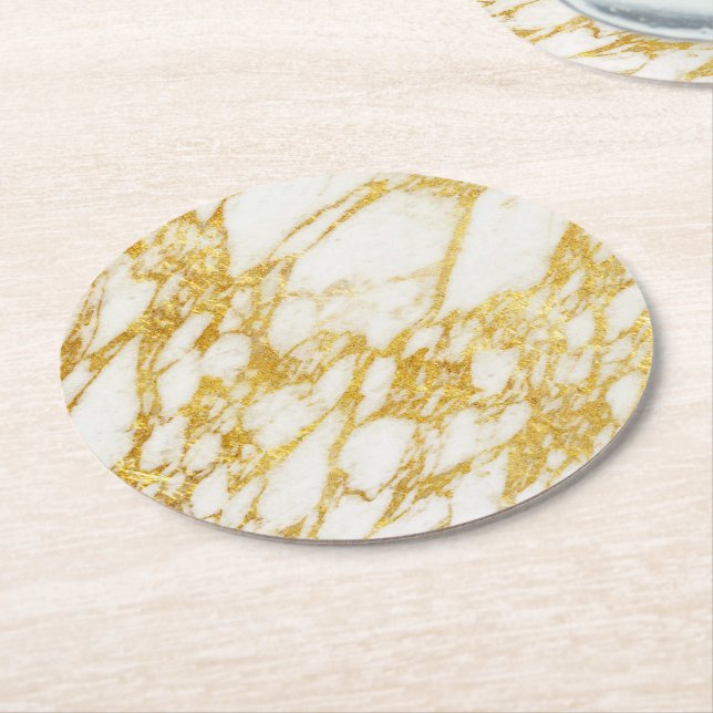 white and gold marble stone round paper coaster (Angled)