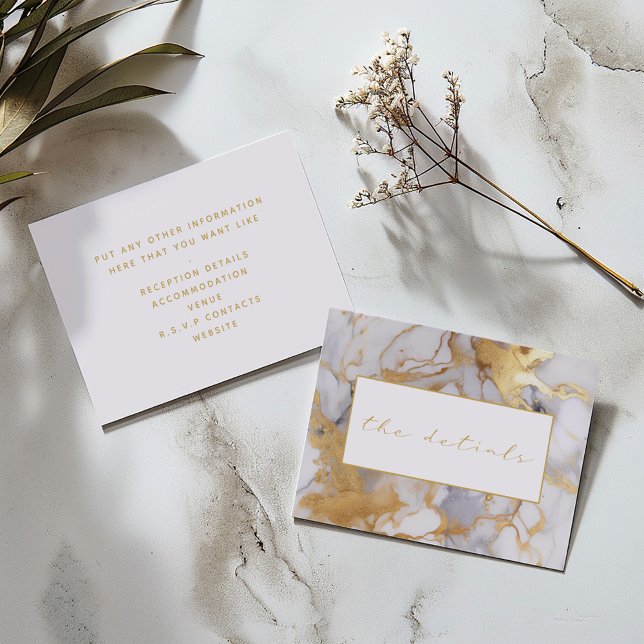 White and gold marble wedding the details enclosure card (Back and front Wedding "the details" card: Modern white and gold marble frame with gold script.)