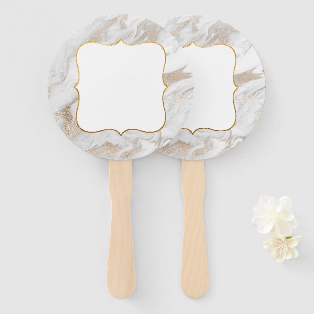 White and Gold Marbled Auction Paddle Hand Fan (Front and Back)