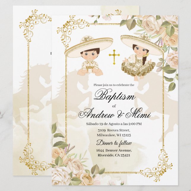White and Gold Mexican Twin Boy and Girl Baptism Invitation (Front/Back)