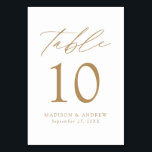 White and Gold Modern Elegance Wedding Table Number<br><div class="desc">Trendy, minimalist wedding table number cards featuring gold modern lettering with "Table" in modern calligraphy script. The design features a white background or a colour of your choice. The design repeats on the back. To order the table cards: add your name, wedding date, and table number. Add each number to...</div>