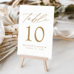 White and Gold Modern Elegance Wedding Table Number<br><div class="desc">Trendy, minimalist wedding table number cards featuring gold modern lettering with "Table" in modern calligraphy script. The design features a white background or a colour of your choice. The design repeats on the back. To order the table cards: add your name, wedding date, and table number. Add each number to...</div>