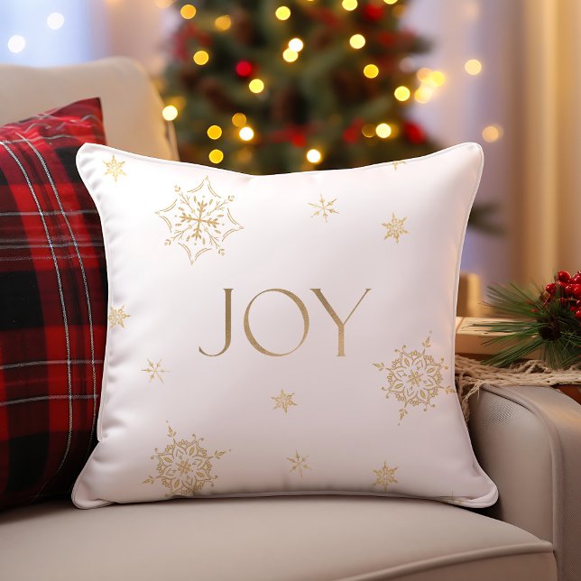 White and Gold Modern Snowflake Holiday Joy Throw Pillow (Gold and White Modern Snowflake Holiday Joy Throw Pillow)