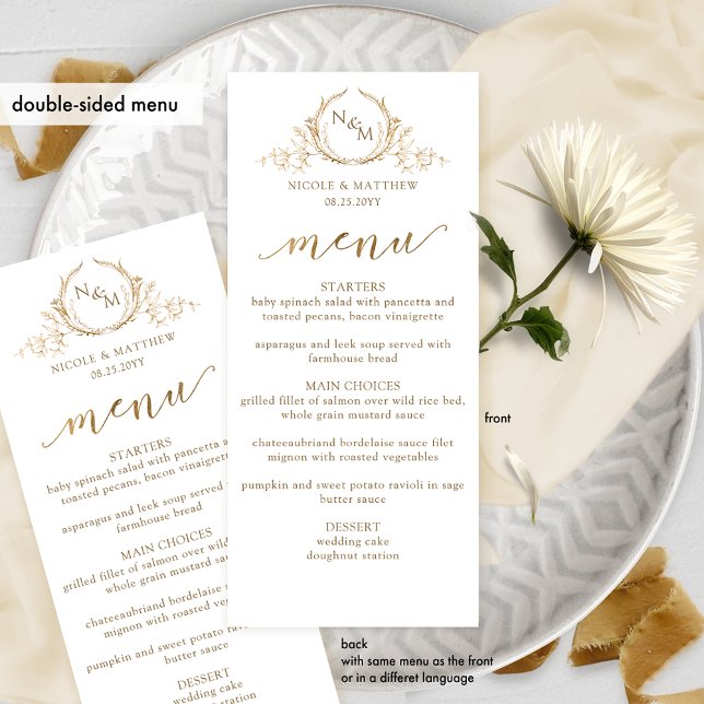 White and Gold Monogram Wedding Double-sided Menu (Creator Uploaded)