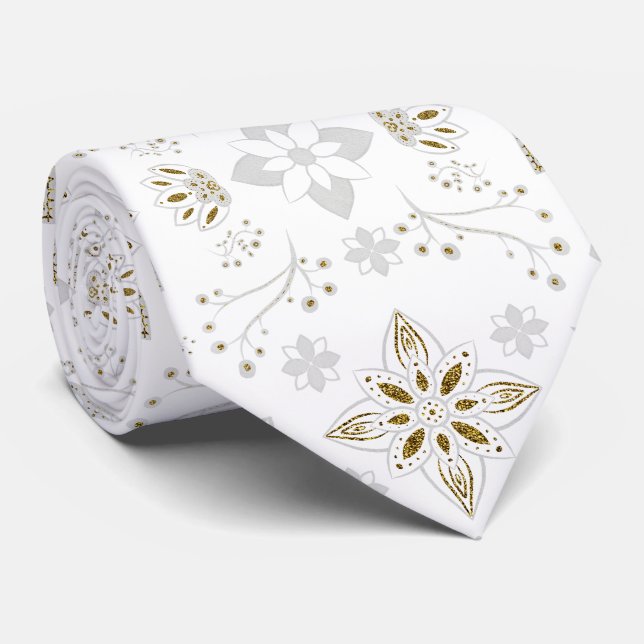 White and Gold Nordic Pattern Tie (Rolled)