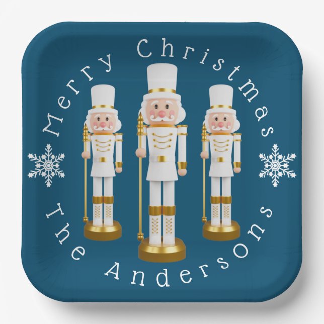 White and Gold Nutcrackers Personalize Paper Plate (Front)