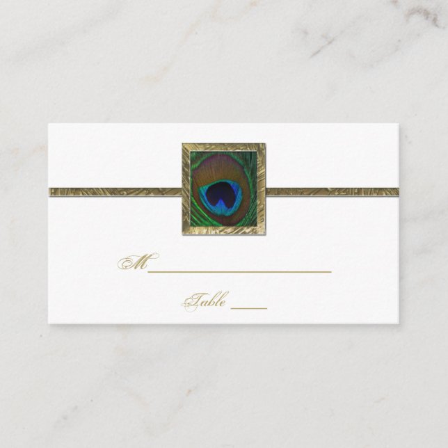 White and Gold Peacock Feather Place Card (Front)