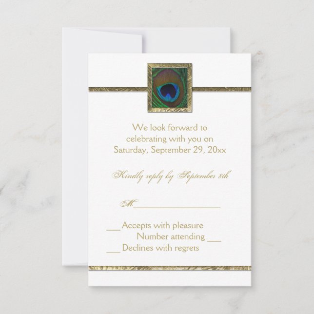 White and Gold Peacock Feather RSVP Card (Front)