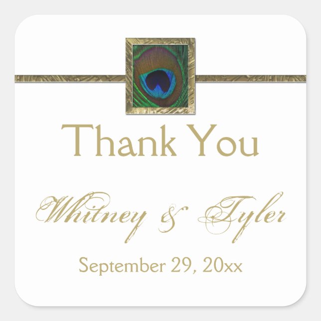 White and Gold Peacock Feather Wedding Sticker (Front)