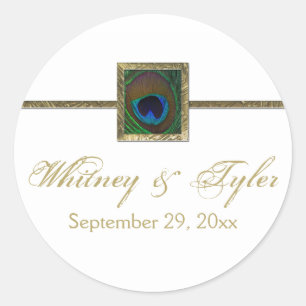 White and Gold Peacock Feather Wedding Sticker