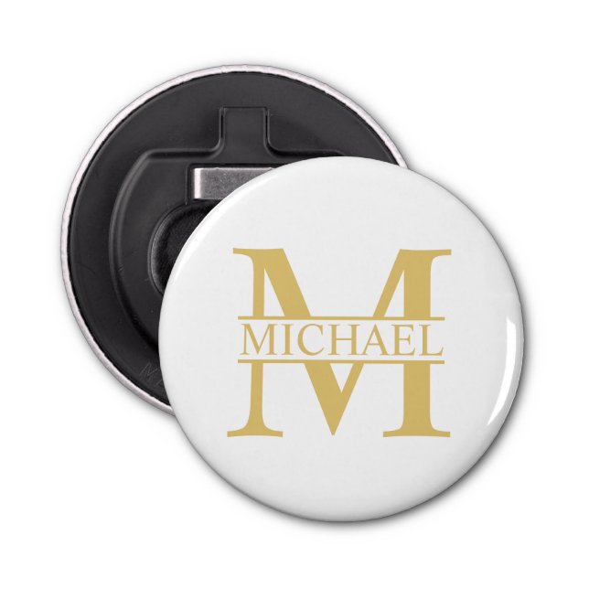 White and Gold Personalized Monogram and Name Bottle Opener (Front)