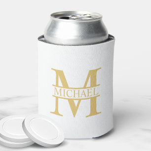 White and Gold Personalized Monogram and Name Can Cooler
