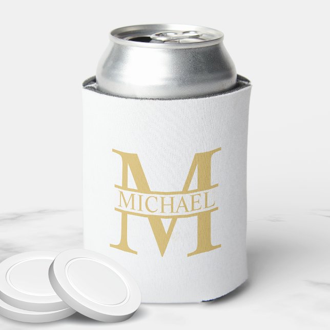White and Gold Personalized Monogram and Name Can Cooler (Creator Uploaded)