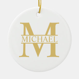White and Gold Personalized Monogram and Name Ceramic Ornament