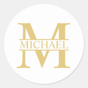 White and Gold Personalized Monogram and Name Classic Round Sticker