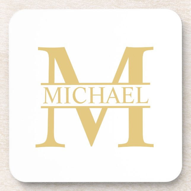White and Gold Personalized Monogram and Name Coaster (Front)