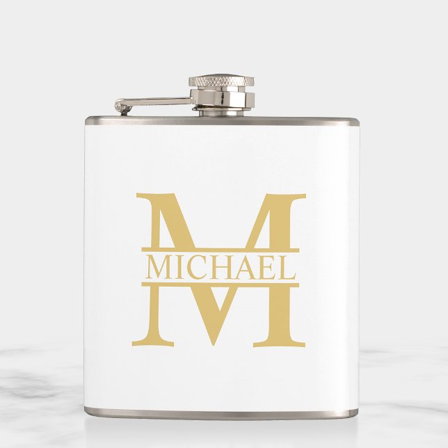 White and Gold Personalized Monogram and Name Hip Flask (Creator Uploaded)