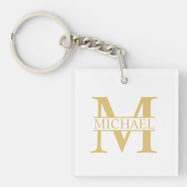 White and Gold Personalized Monogram and Name Keychain (Front)