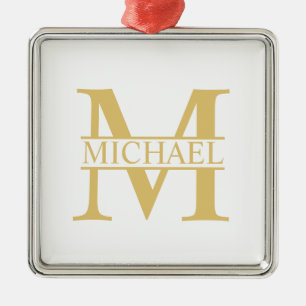 White and Gold Personalized Monogram and Name Metal Ornament
