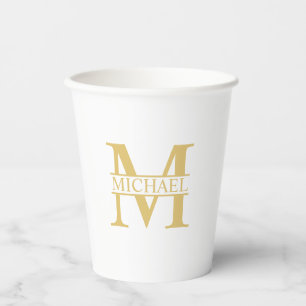 White and Gold Personalized Monogram and Name Paper Cups