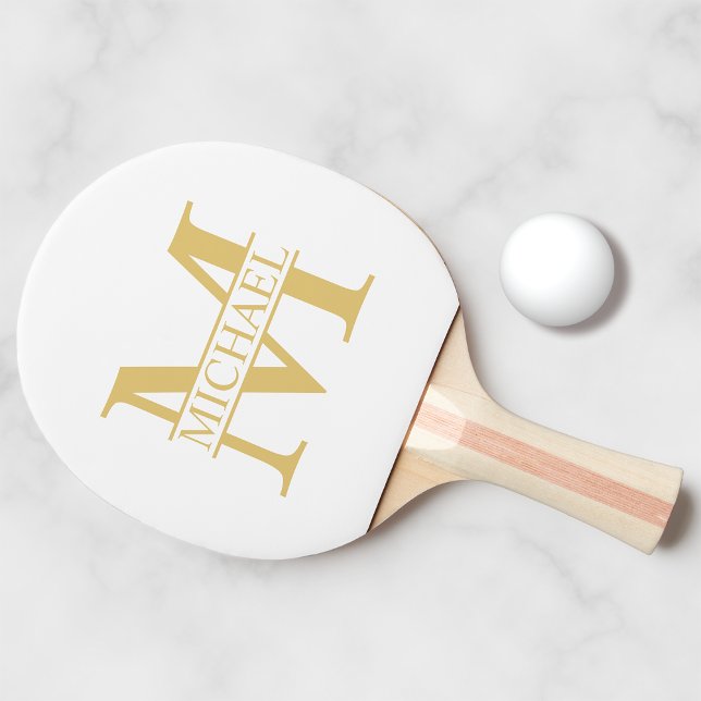White and Gold Personalized Monogram and Name Ping Pong Paddle (Creator Uploaded)