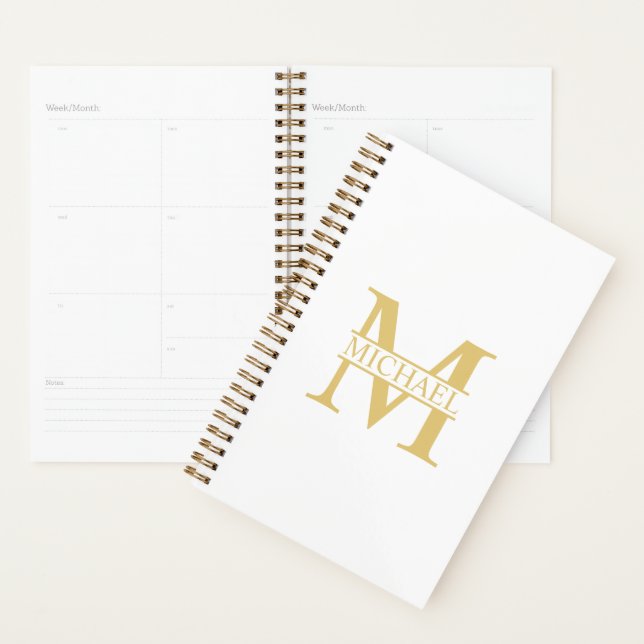 White and Gold Personalized Monogram and Name Planner (Display)