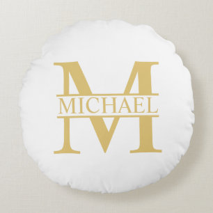 White and Gold Personalized Monogram and Name Round Pillow
