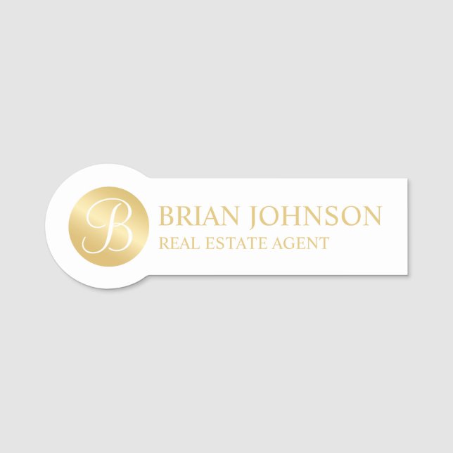 White and Gold Personalized Monogram and Name Tag (Front)