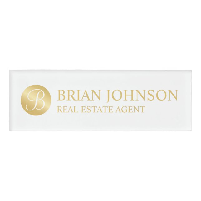 White and Gold Personalized Monogram and Name Tag (Front)