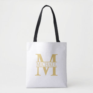 White and Gold Personalized Monogram and Name Tote Bag